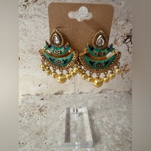 Artisan-Made Gold & Green Statement Earrings with Rhinestones & Yellow Pearls